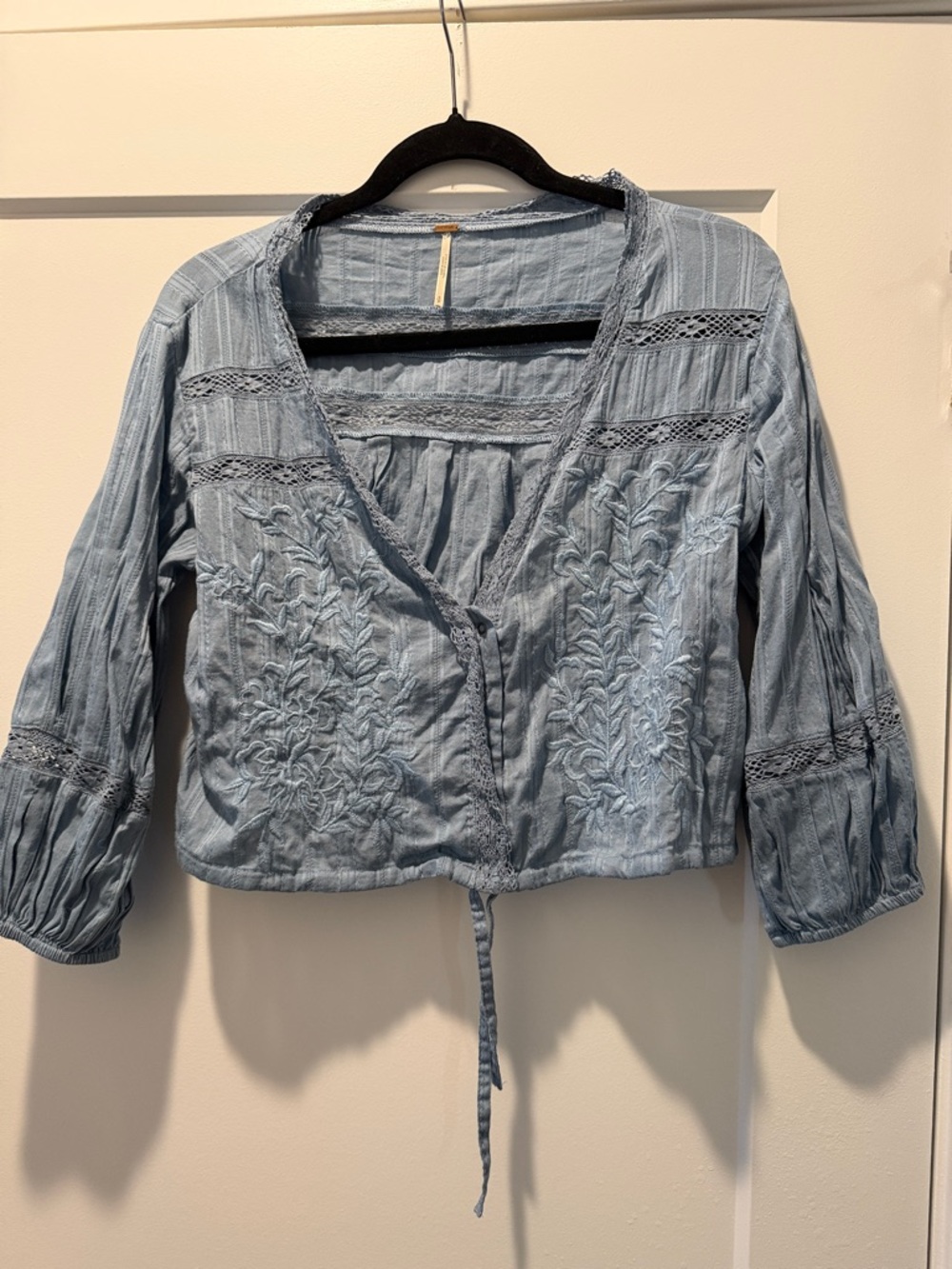 Free People Light Blue Embroidered Tie-Front Blouse